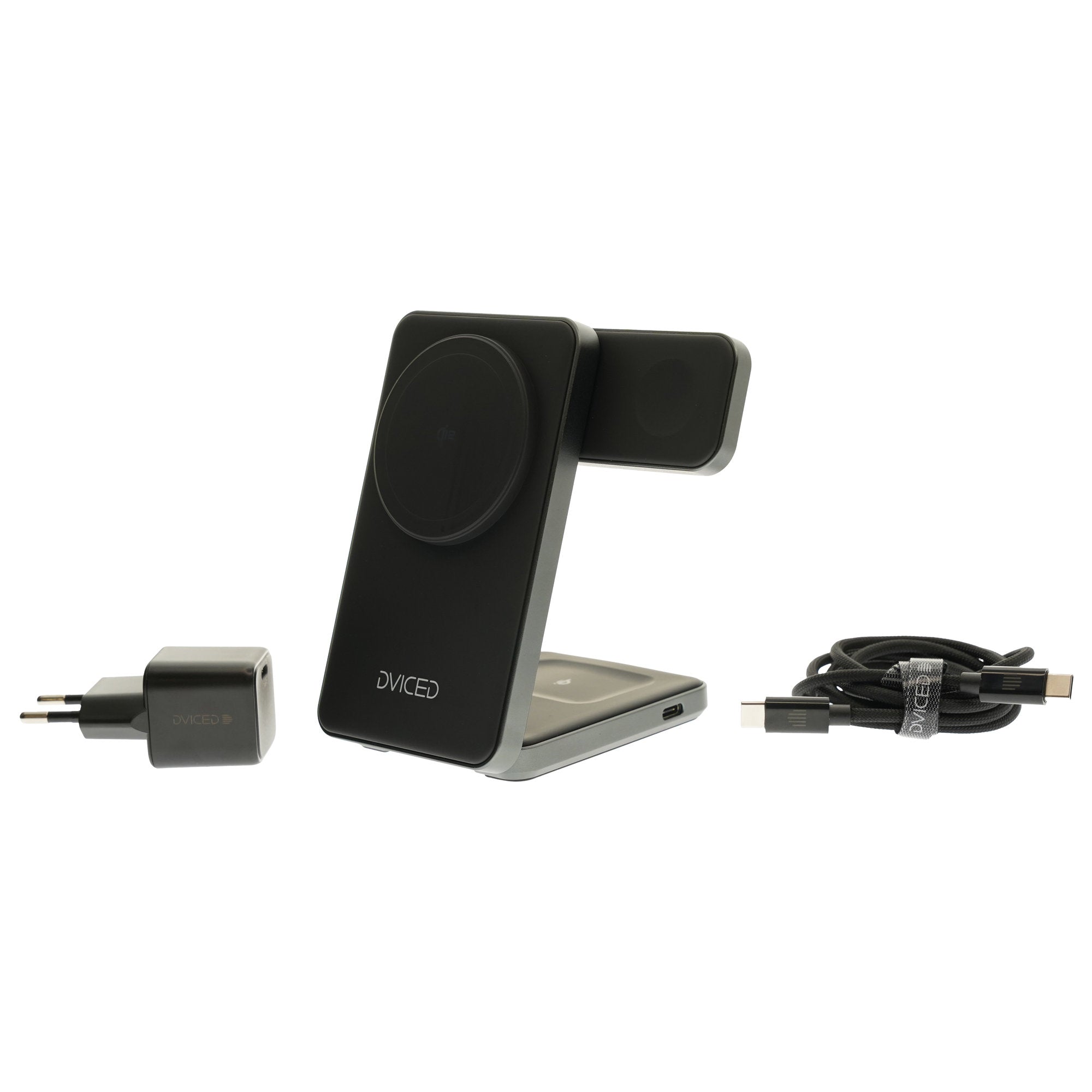 Dviced 3-in-1 Foldable Qi2 magnetic wireless charger stand w cable, wall charger - Black