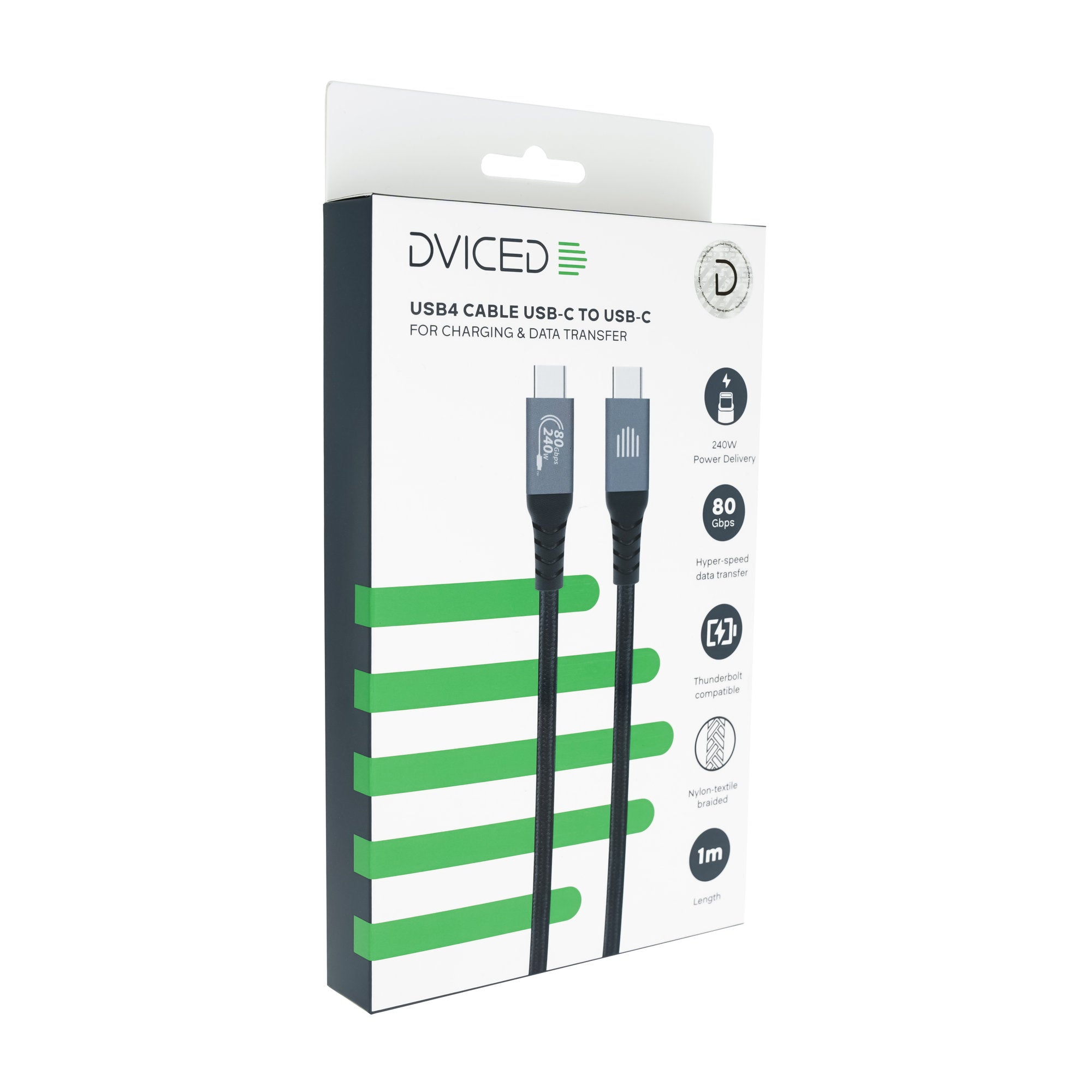 Dviced USB4 Braided Cable, 80 Gbps, 240 W, (Thunderbolt compatible), 1m - Black
