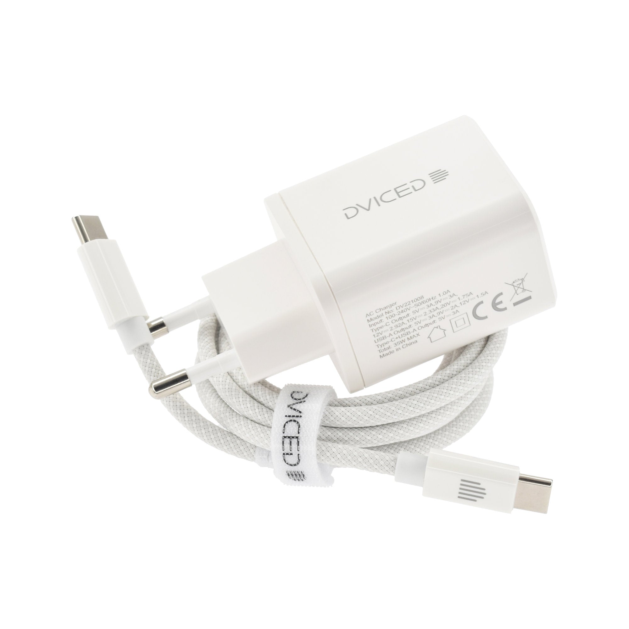 Dviced Wall charger 35W GaN 1 USB-A, 1 USB-C EU w cable - White