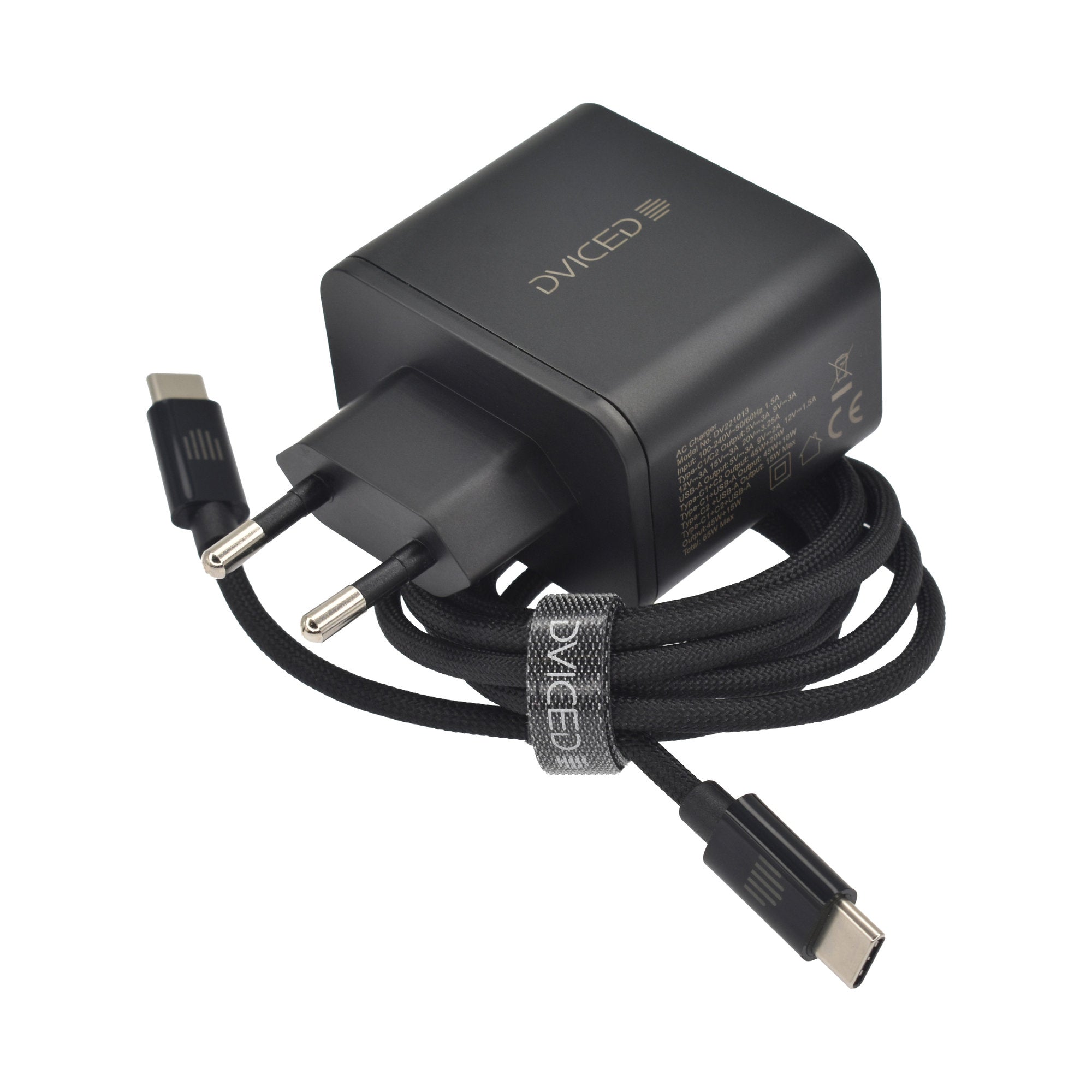 Dviced Wall charger 65W GaN 1 USB-A, 2 USB-C EU w cable - Black