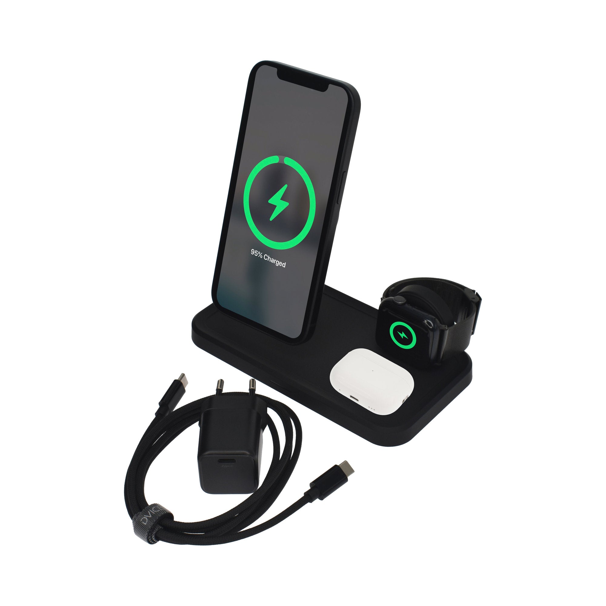 Dviced 3-in-1 magnetic wireless stand w cable, wall charger - Black