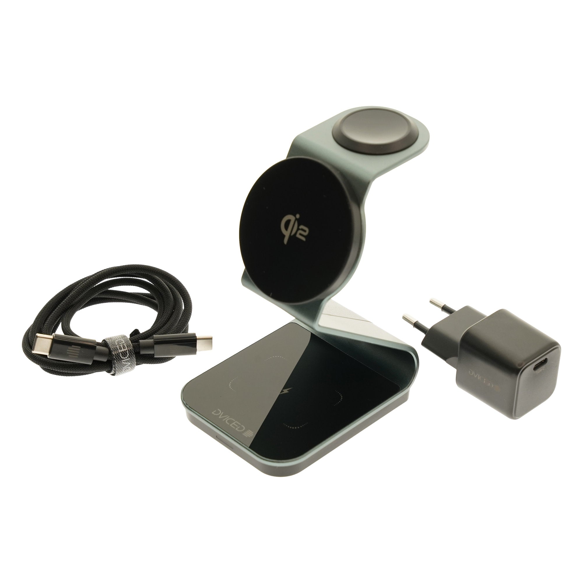 Dviced 3-in-1 Magnetic Qi2 wireless charger stand w cable, wall charger - Tarnish gray