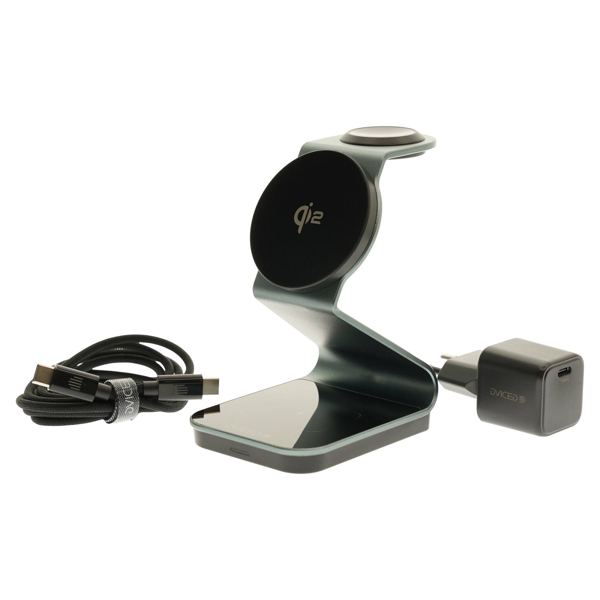 Dviced 3-in-1 Magnetic Qi2 wireless charger stand w cable, wall charger - Tarnish gray