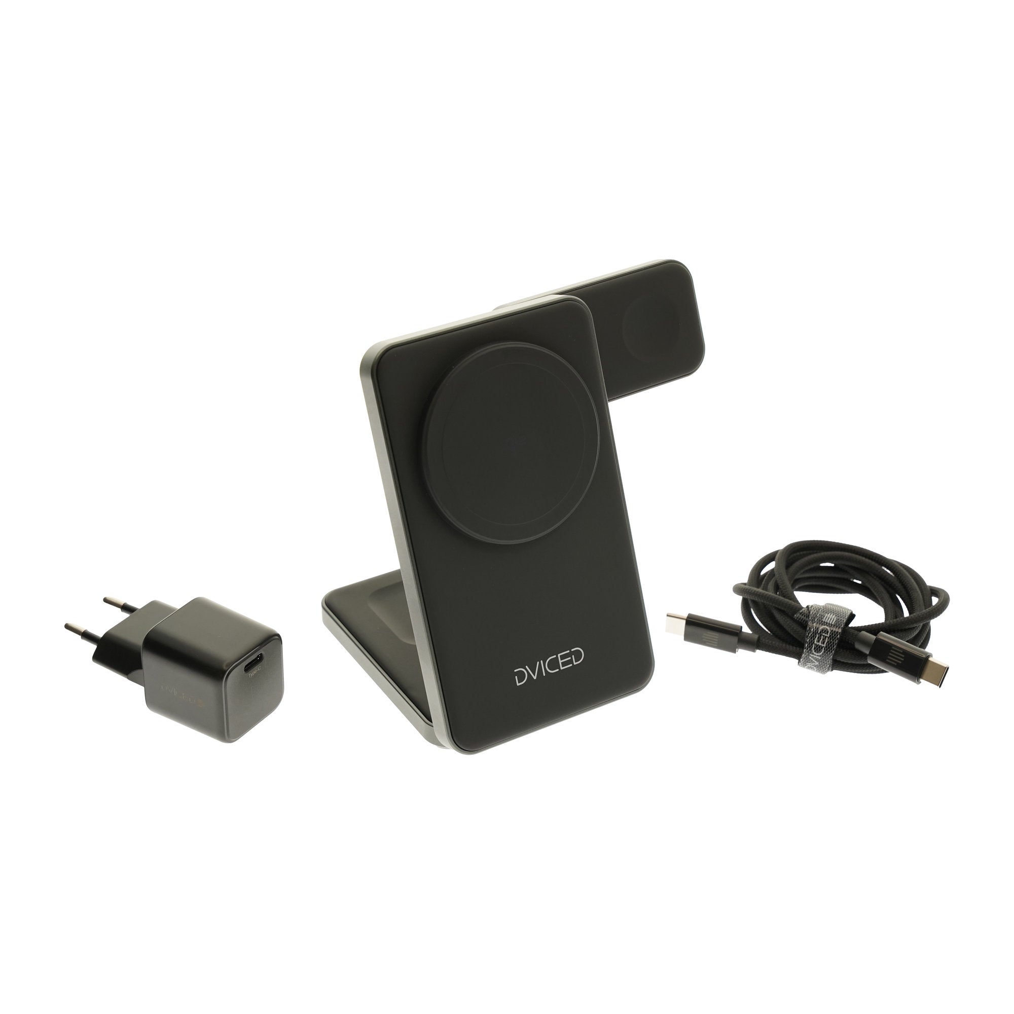 Dviced 3-in-1 Foldable Qi2 magnetic wireless charger stand w cable, wall charger - Black
