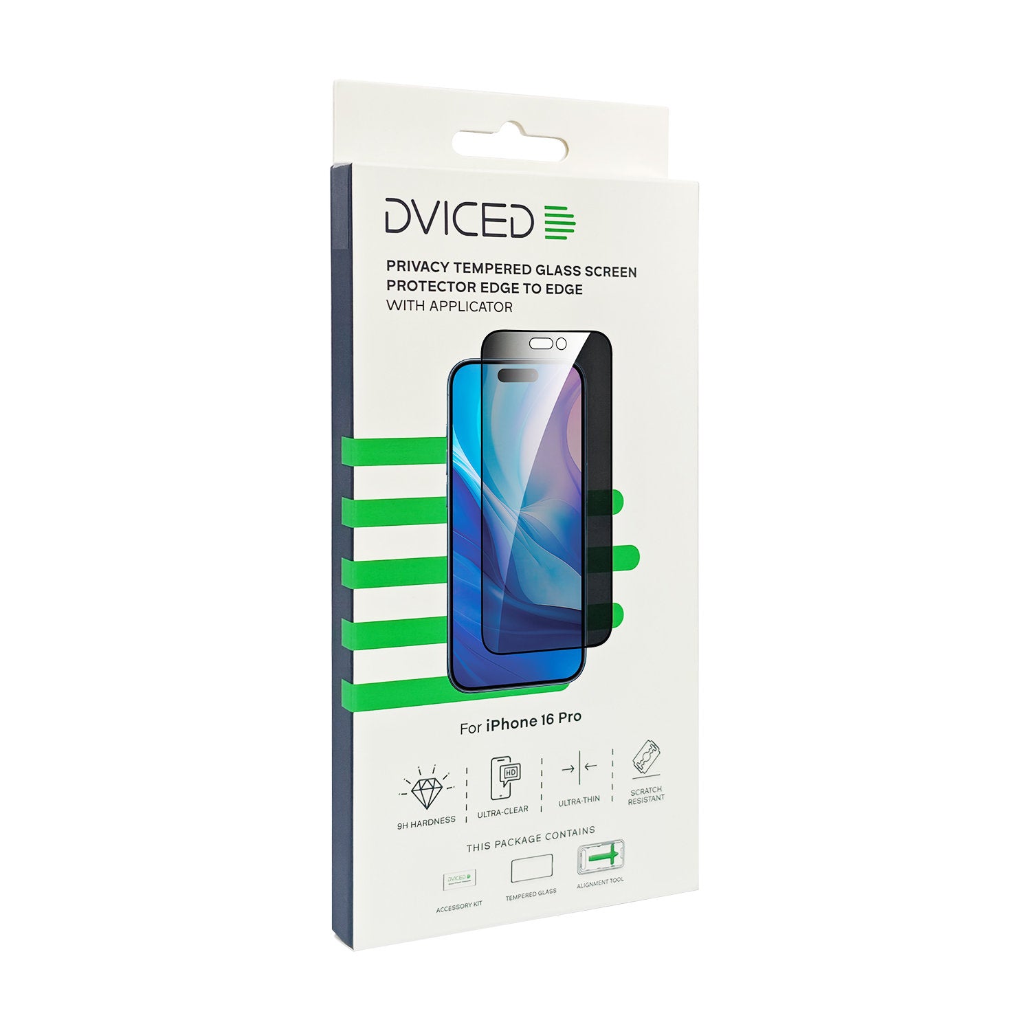 Dviced privacy tempered glass screen protector edge to edge for iPhone 16 Pro with applicator